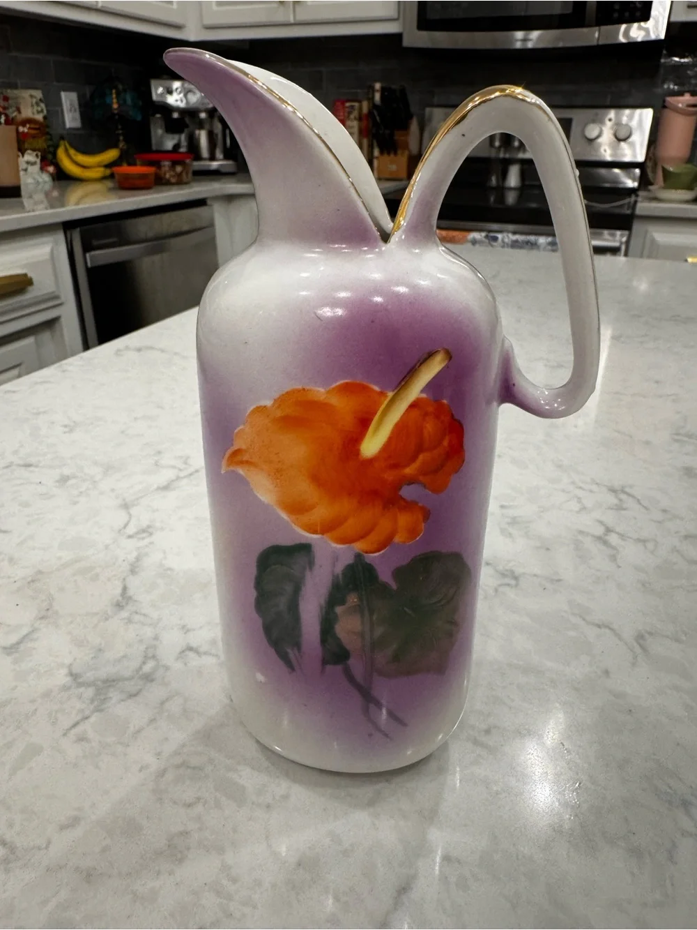 Vintage 1950s Ucagco Japan Purple Floral Ceramic Ewer Pitcher MCM
